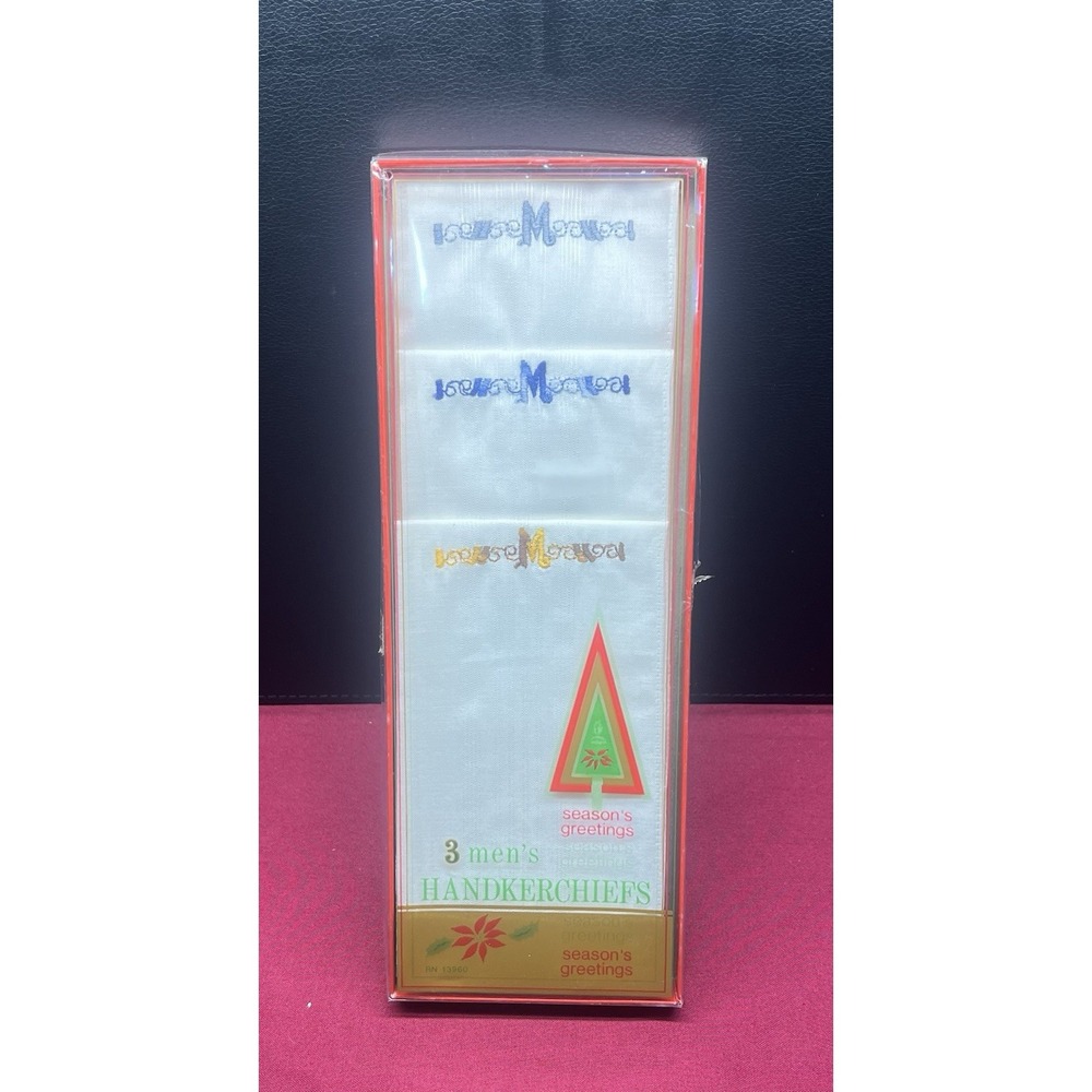 NIB Vintage Men's White‎ Handkerchiefs Embroidered Letter M Set of 3 Christmas